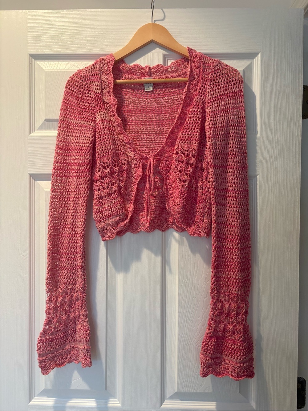 Delicate Pink Crocheted Women’s Tie-Front Sweater Cardigan with Bell Sleeves
